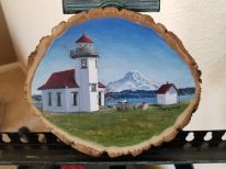 Vashon Island Painted on a 4x6 inch wood slice with oil paints. A lighthouse on Vashon Island in Washington.